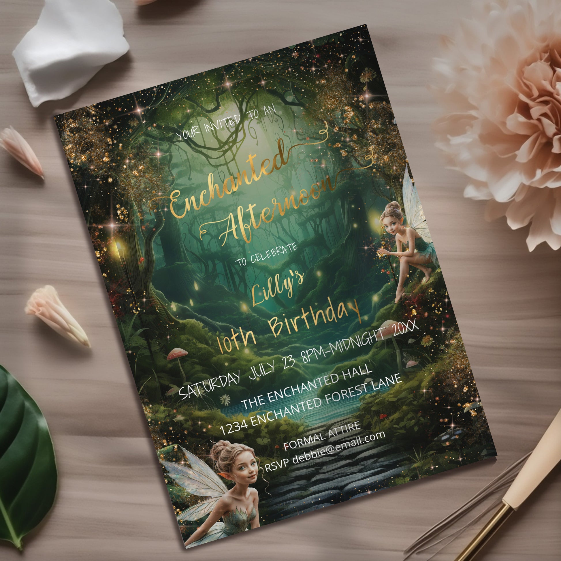Emerald Green Enchanted Forest Birthday Invitation – Green & Gold Editable Template