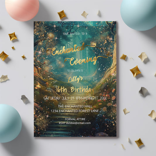 Emerald Green Enchanted Forest Sweet 16 Invitation – Fairytale Editable Template