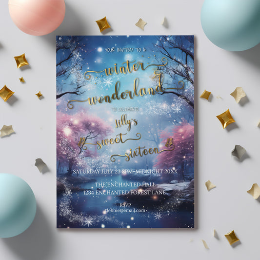 Winter Wonderland Sweet 16 Invitation – Enchanted Forest Editable Template