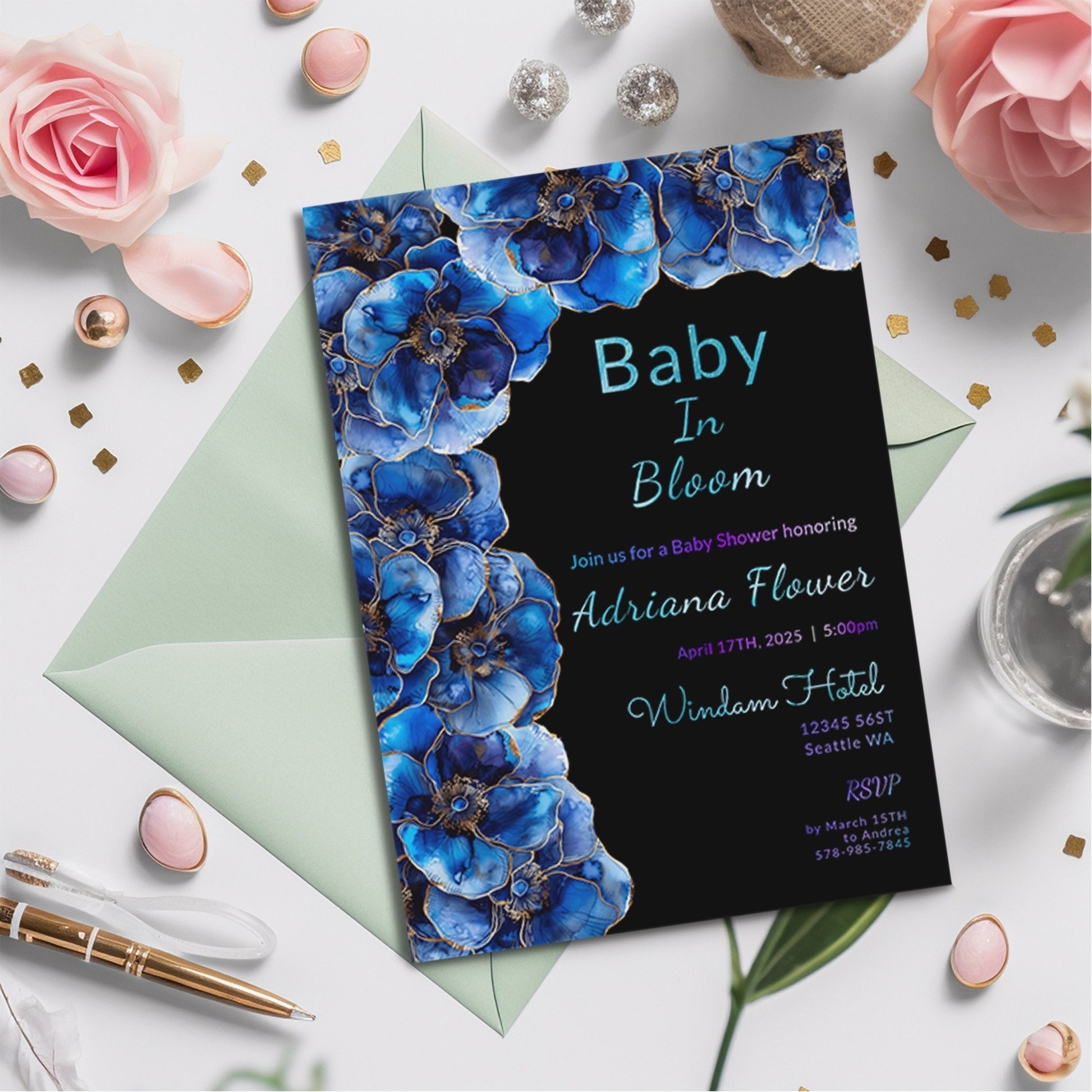 Blue Floral Baby Shower Invitation | Alcohol Ink Editable 5x7 Template | Baby in Bloom Digital Download