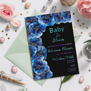 Blue Floral Baby Shower Invitation | Alcohol Ink Editable 5x7 Template | Baby in Bloom Digital Download