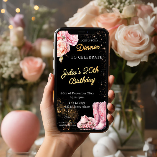 Black & Gold Cowgirl Birthday Mobile Invitation (1080x1920)