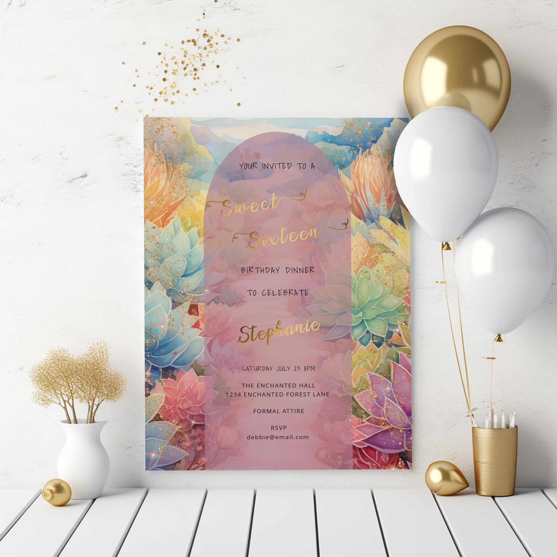 Succulent Garden Sweet 16 Invitation | Editable Watercolor Template | Elegant 5x7 Digital Download
