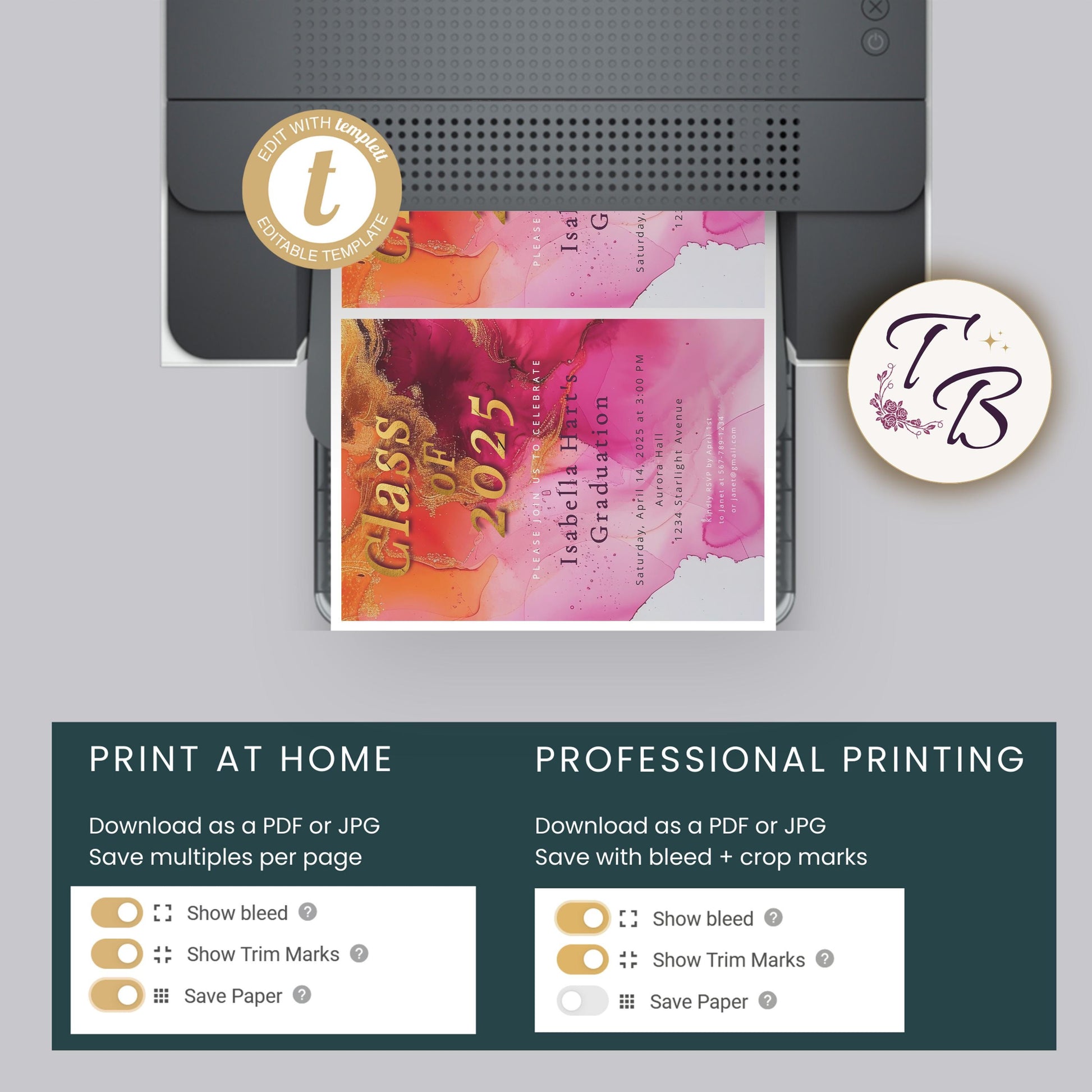 Hot Pink Graduation Invitation | Editable 5x7 Template with Gold Foil & Photo Option