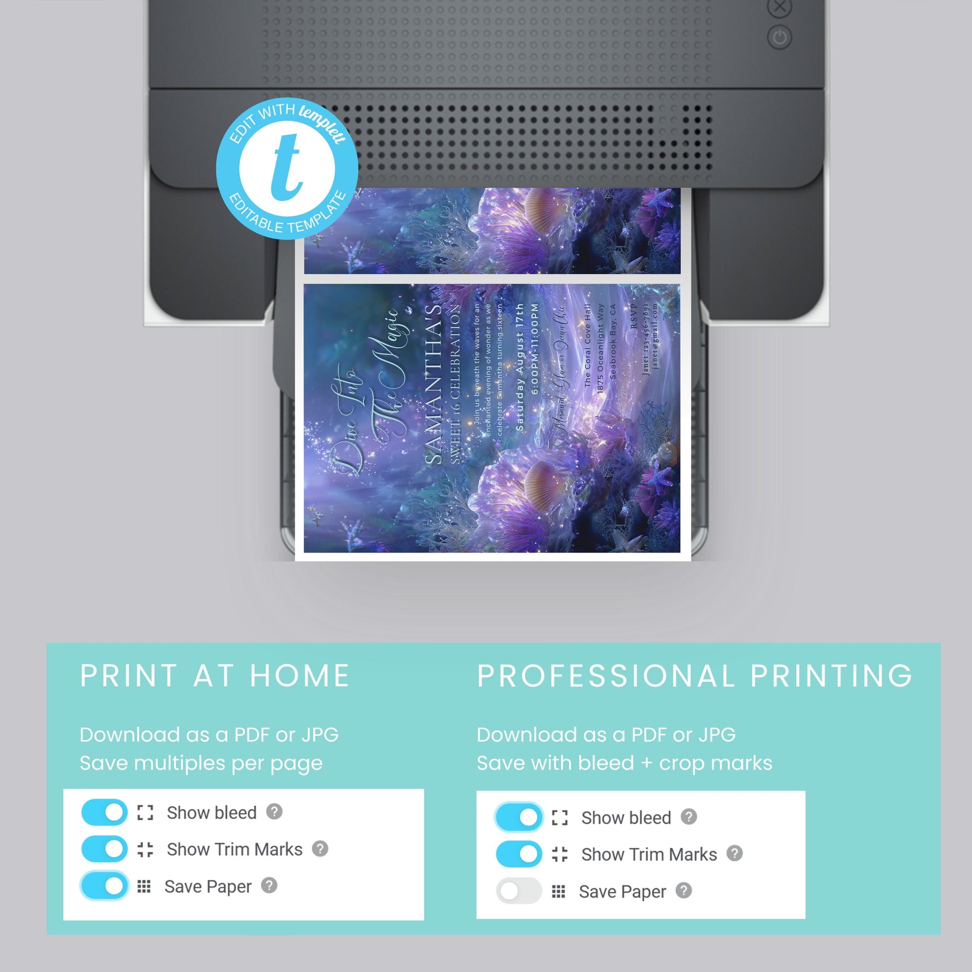 Mermaid Sweet 16 Invitation Template: Under the Sea Birthday (Editable Digital Download)