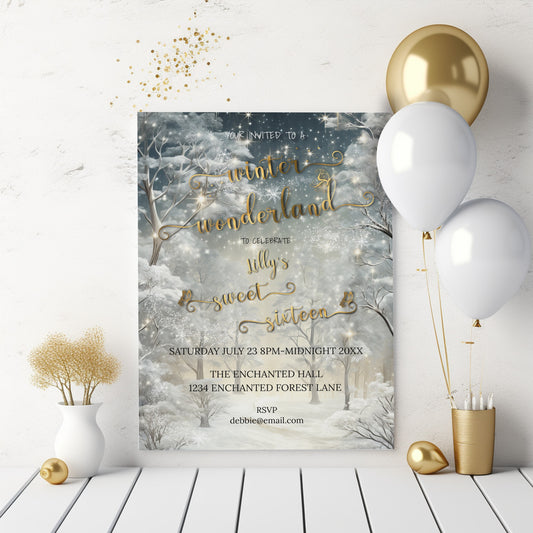 Winter Wonderland Sweet 16 Invitation – Enchanted Forest Editable Template