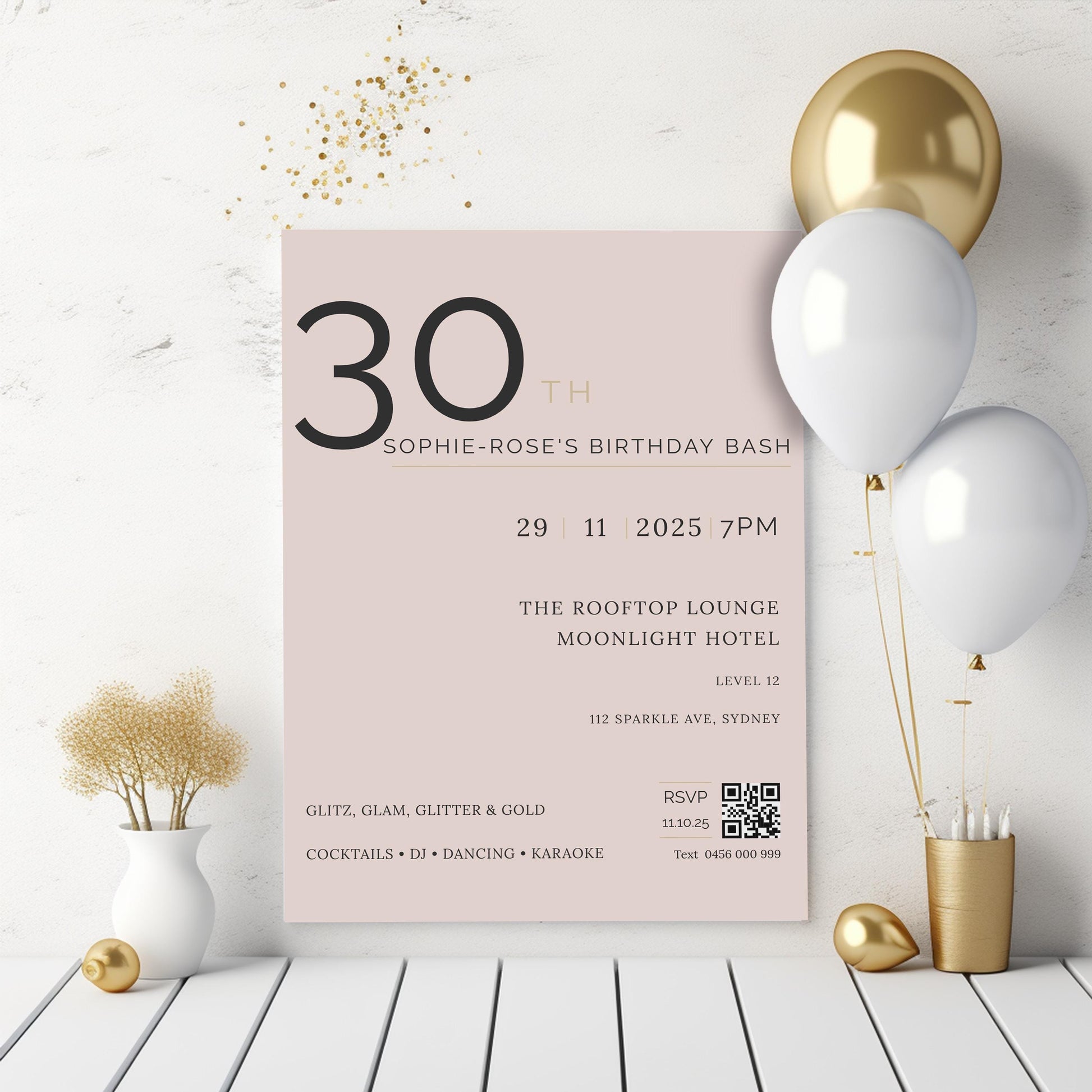 Blush & Gold 30th Birthday Invitation – Elegant Milestone Editable Template