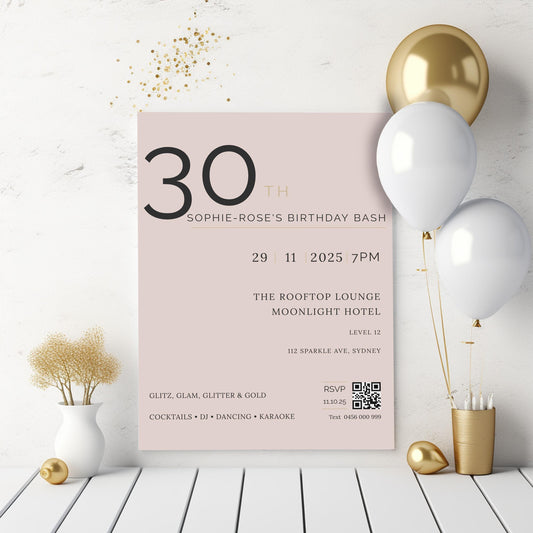 Blush & Gold 30th Birthday Invitation – Elegant Milestone Editable Template