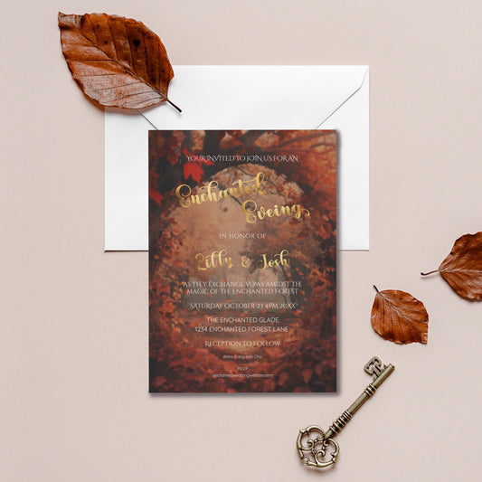 Fall Wedding Invitation – Enchanted Forest Design | Gold Foil Editable Template