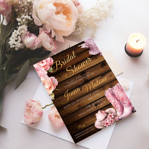Pink Cowgirl Bridal Shower Invite- Rustic bridal shower-cowboy boots-Template Editable - Gold Lettering, 5x7 Printable