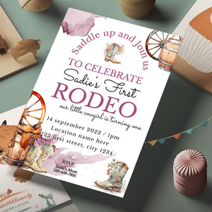 Editable Girl's 1st Rodeo Birthday Invitation Template | Western Cowgirl Party 5x7