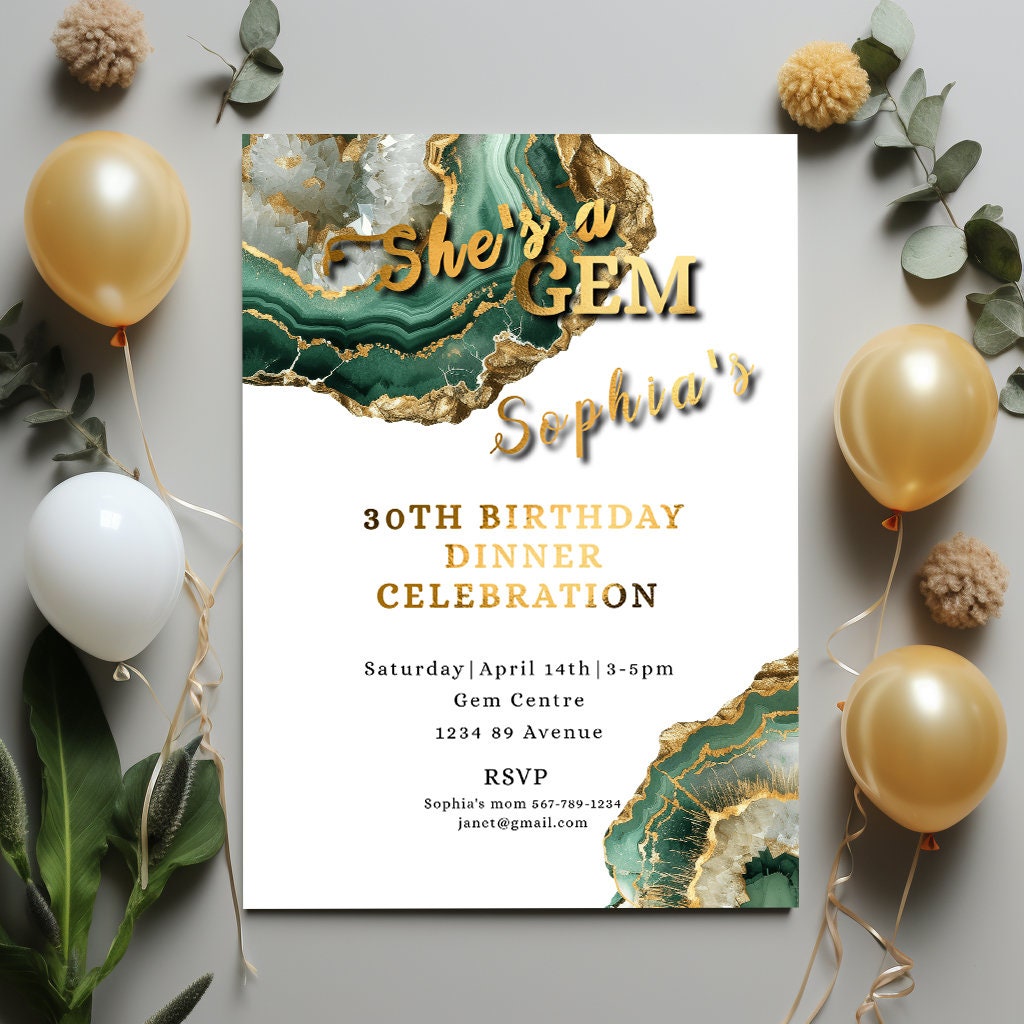 Green & Gold Geode Birthday Invitation | Elegant Crystal Party Template | Editable 5x7 Digital Download