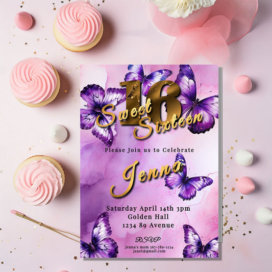 Butterfly Invitation Sweet 16 5x7in -Birthday Butterfly-Spring Purple Butterfly invite, Editable, Printable-Customizable