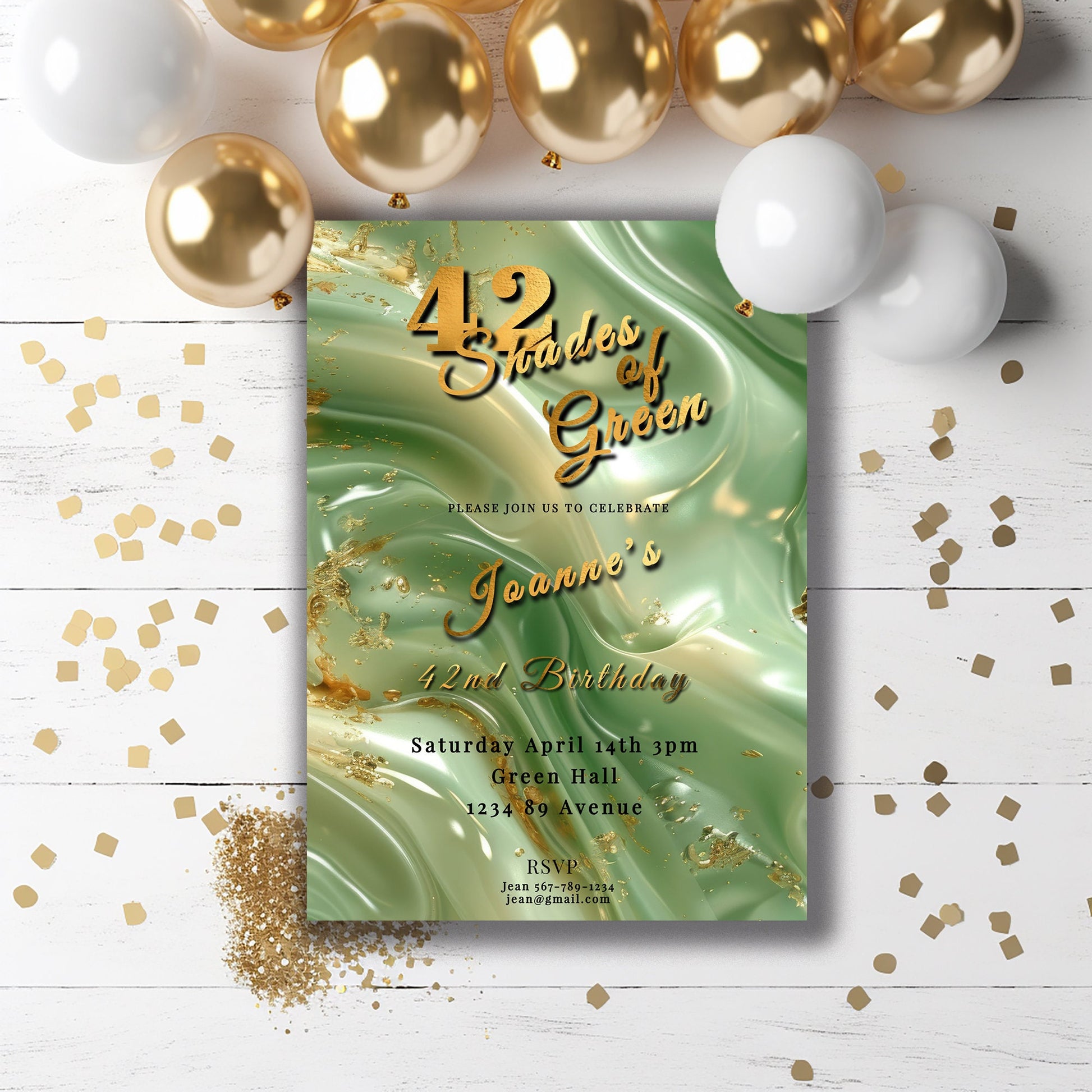 Emerald Green Birthday Invitation - Elegant Agate Design | Printable 5x7 Gold Foil Invite