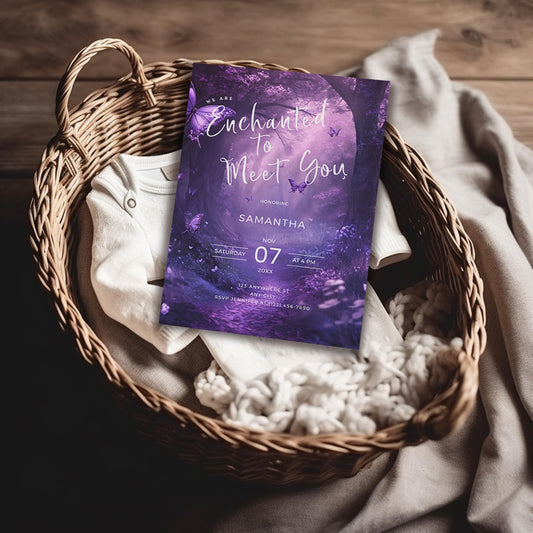 Enchanted to Meet You Baby Shower Invitation – Purple Butterfly Editable Template