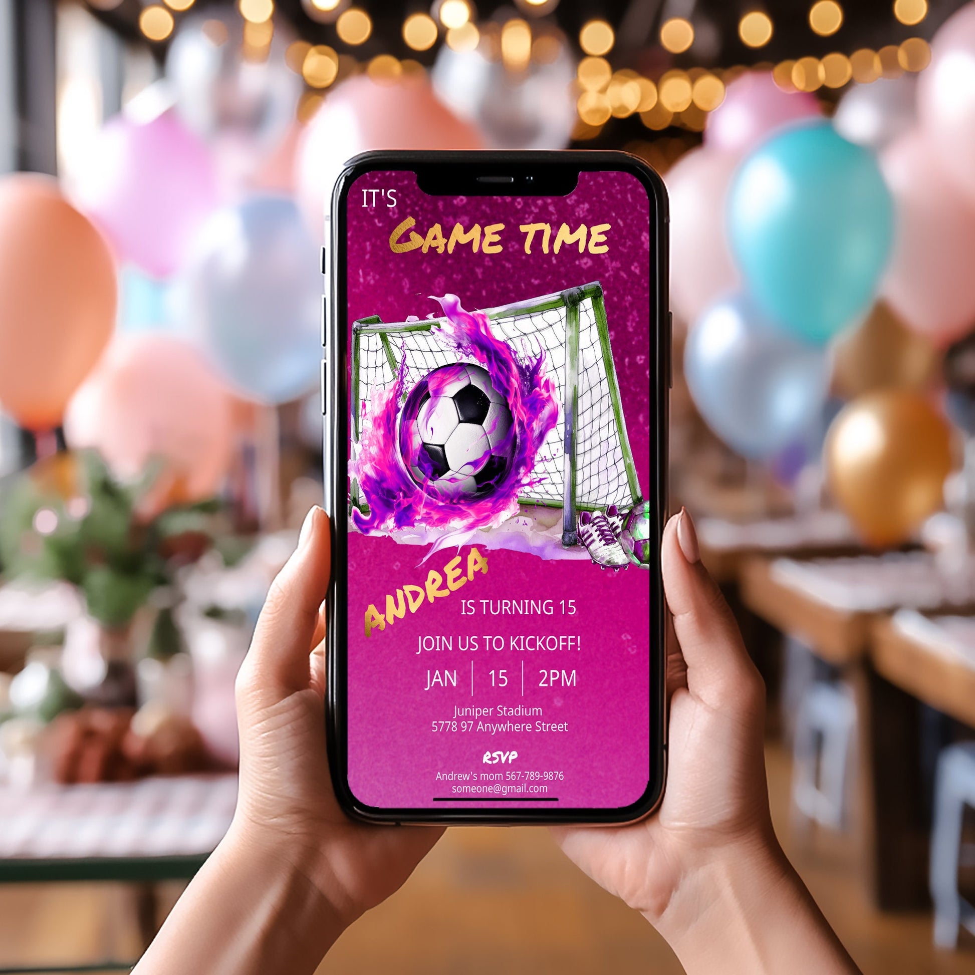 Pink Soccer Birthday Mobile Invite Template: Teen/Kids (Digital)