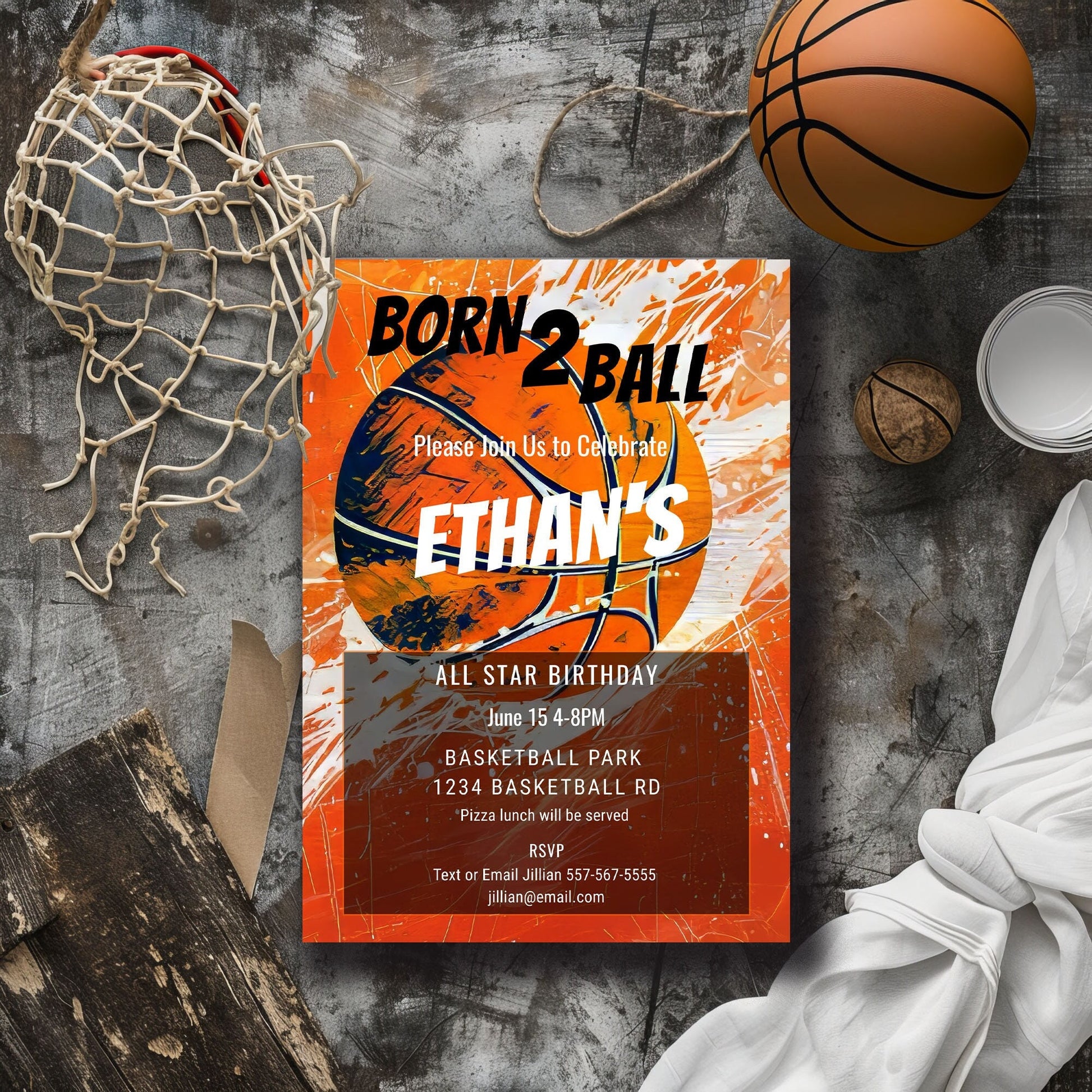 Basketball Birthday Invitation: Grunge Sports Party, Editable 5x7 (Printable Template)