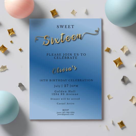 Sweet 16 Invitation Light Blue- blue and Gold-Editable template-Evite-Printable-Blue birthday invite