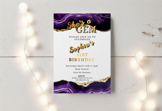 Amethyst Gemstone Birthday Invitation | Purple & Gold 5x7 Editable Template | Elegant Digital Download