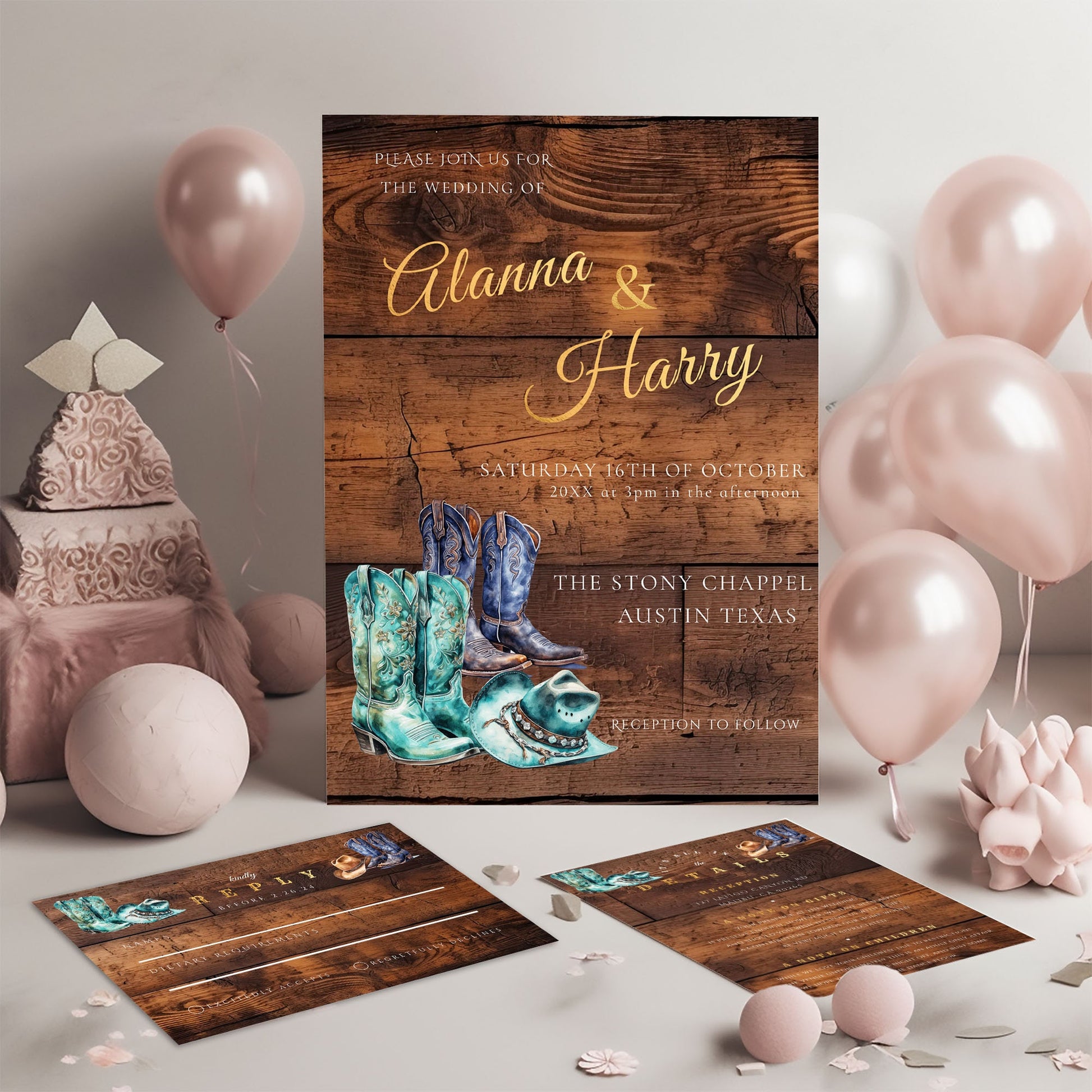 Turquoise Cowgirl Wedding Invite, RSVP & Details Card-Western Rustic Wedding-cowgirl boots-Template Editable - Gold Lettering, Printable