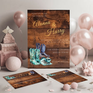 Turquoise Cowgirl Wedding Invite, RSVP & Details Card-Western Rustic Wedding-cowgirl boots-Template Editable - Gold Lettering, Printable
