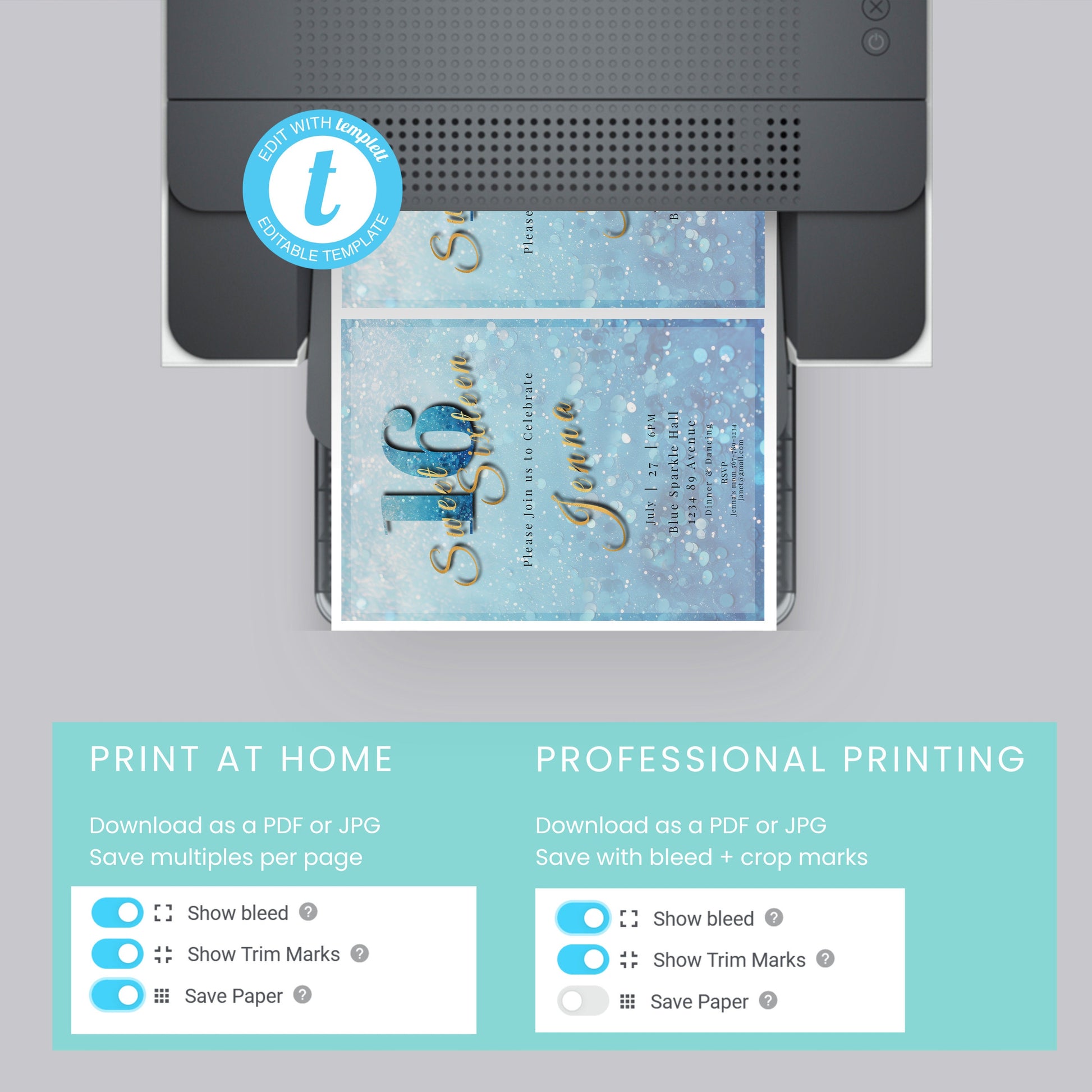 Sweet 16 Invitation Light Blue- blue and silver Glitter-Editable template-Evite-Printable-Blue Sparkles