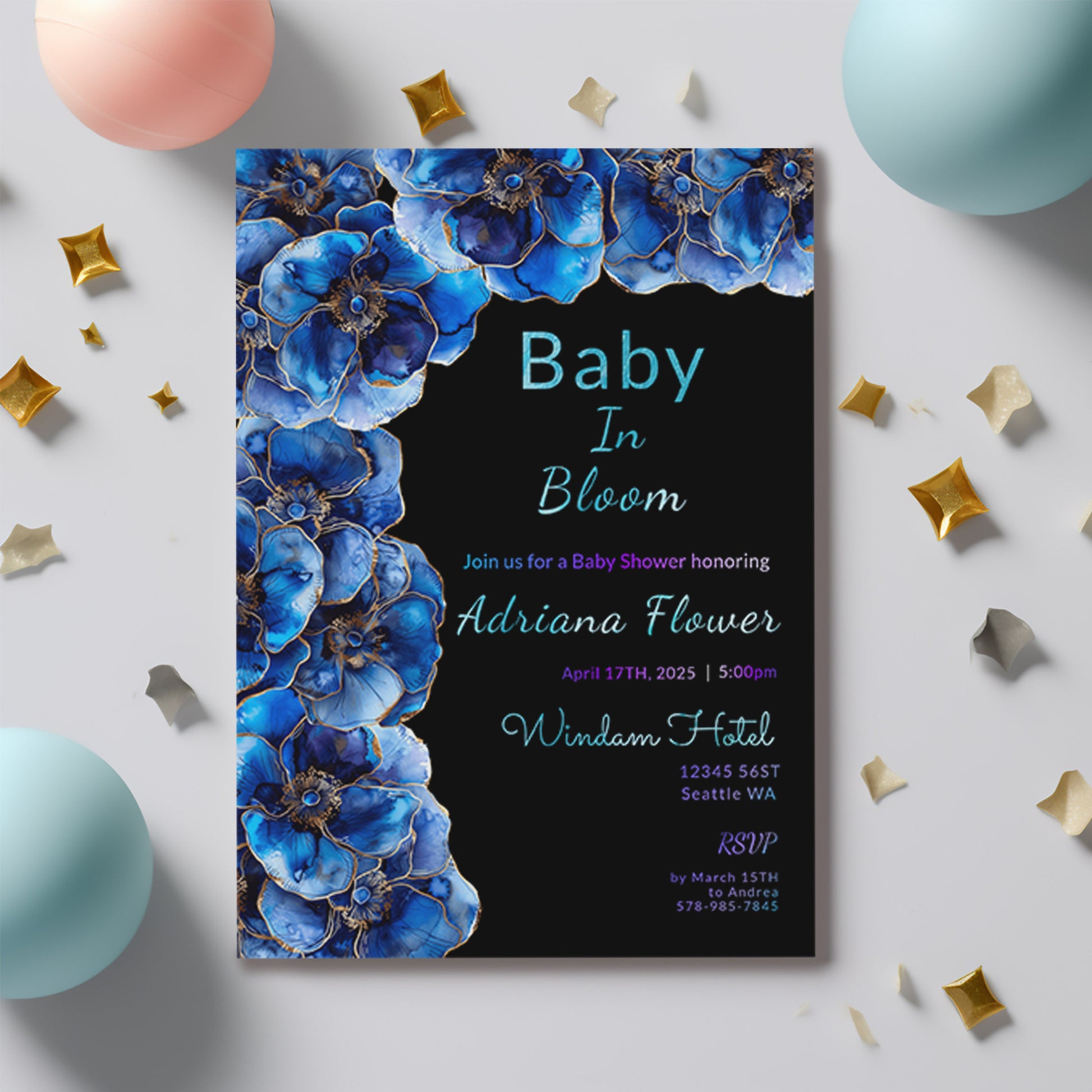 Blue Floral Baby Shower Invitation | Alcohol Ink Editable 5x7 Template | Baby in Bloom Digital Download