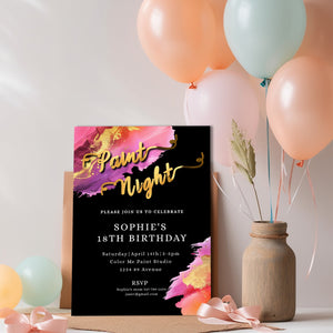 Paint Night Birthday Invitation | Colorful Editable 5x7 Template | Gold Foil Party Evite