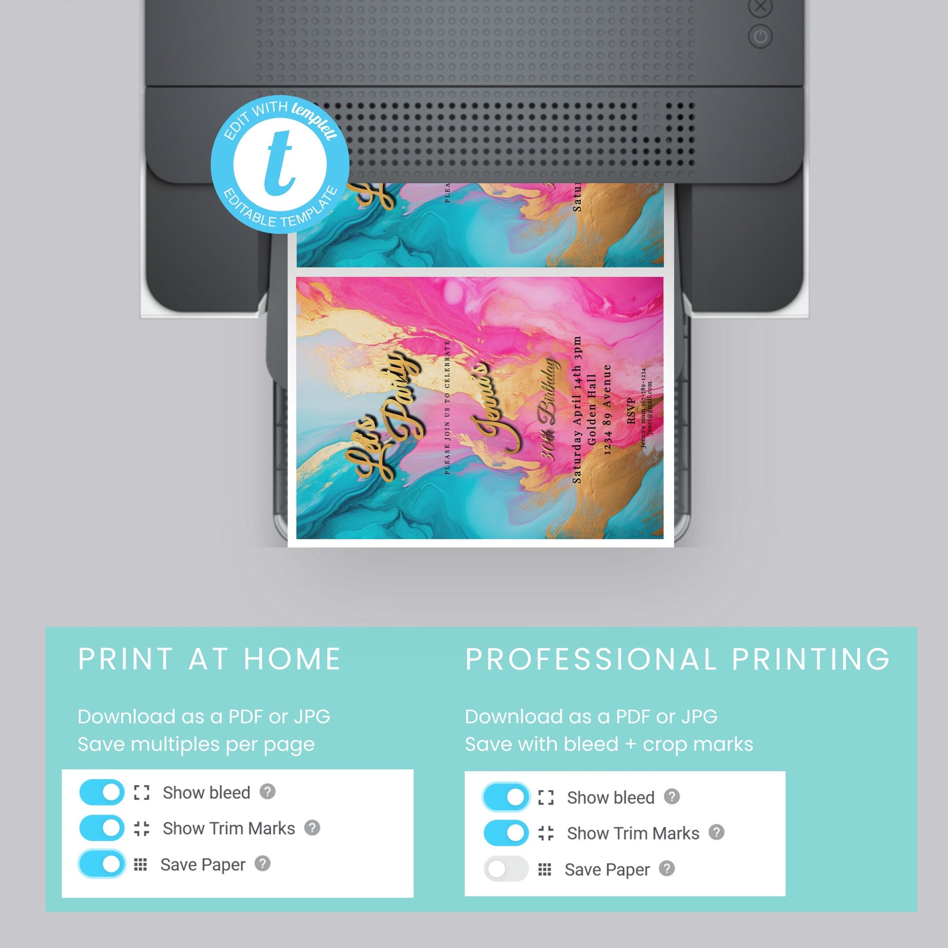 Hot Pink, Teal & Gold Birthday Editable Invitation 5x7in -brunch invite-Editable, Printable - style