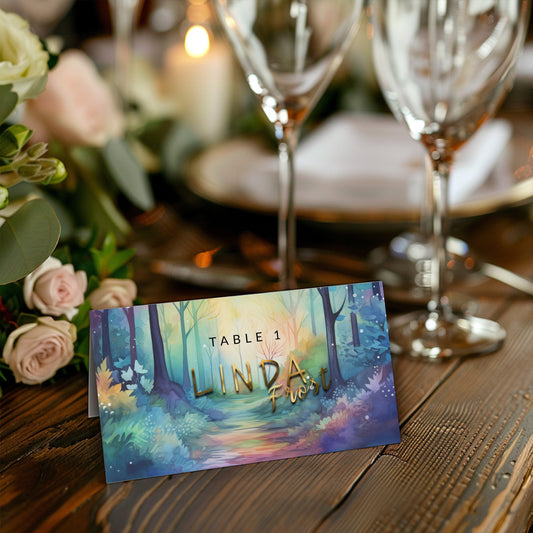 Enchanted Forest Place Cards – Editable Wedding Table Name Cards With Gold Foil