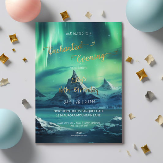 Northern Lights Sweet 16 Invitation – Aurora Borealis Editable Template