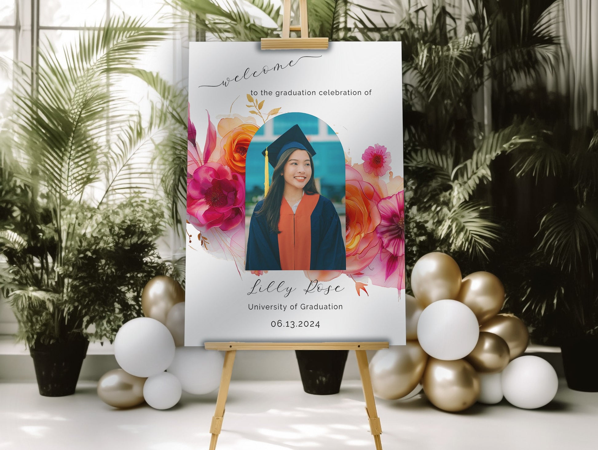 Pink Orange Graduation Welcome sign-High School Grad-College Graduation-University Grad Poster-Class of 2024-Editable Photo Arch-Florals