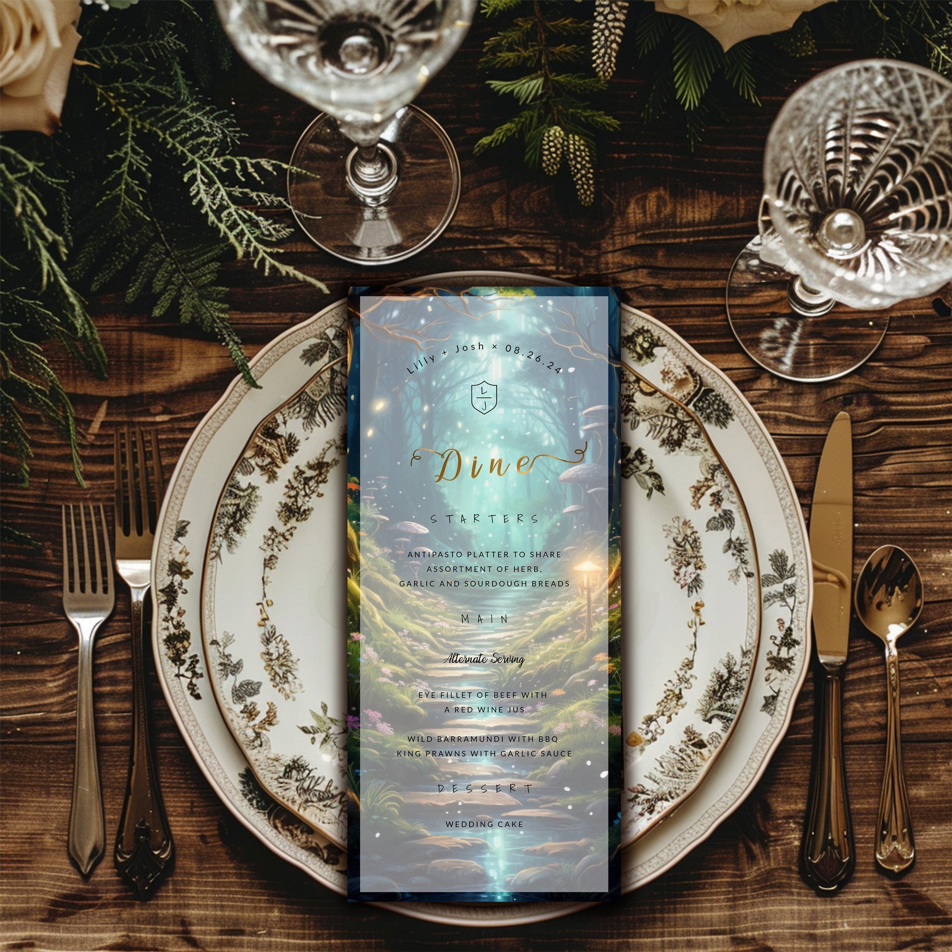 Enchanted Forest Wedding Menu Template | Fairytale Dinner Menu Card | Editable Digital Template | 4x9in Instant Download