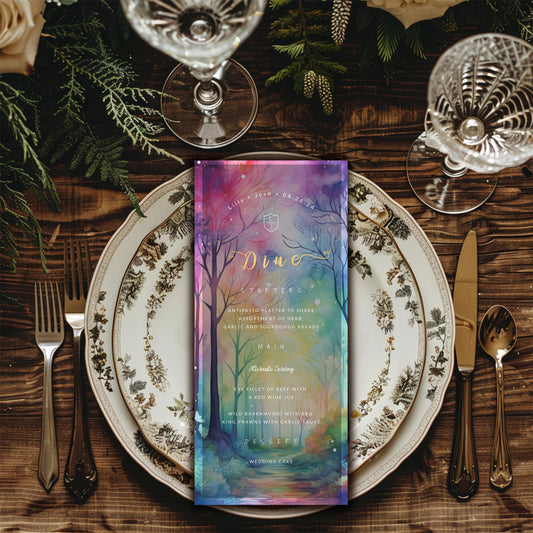 Editable Enchanted Forest Wedding Menu Card | Fairytale Garden Template 4x9in