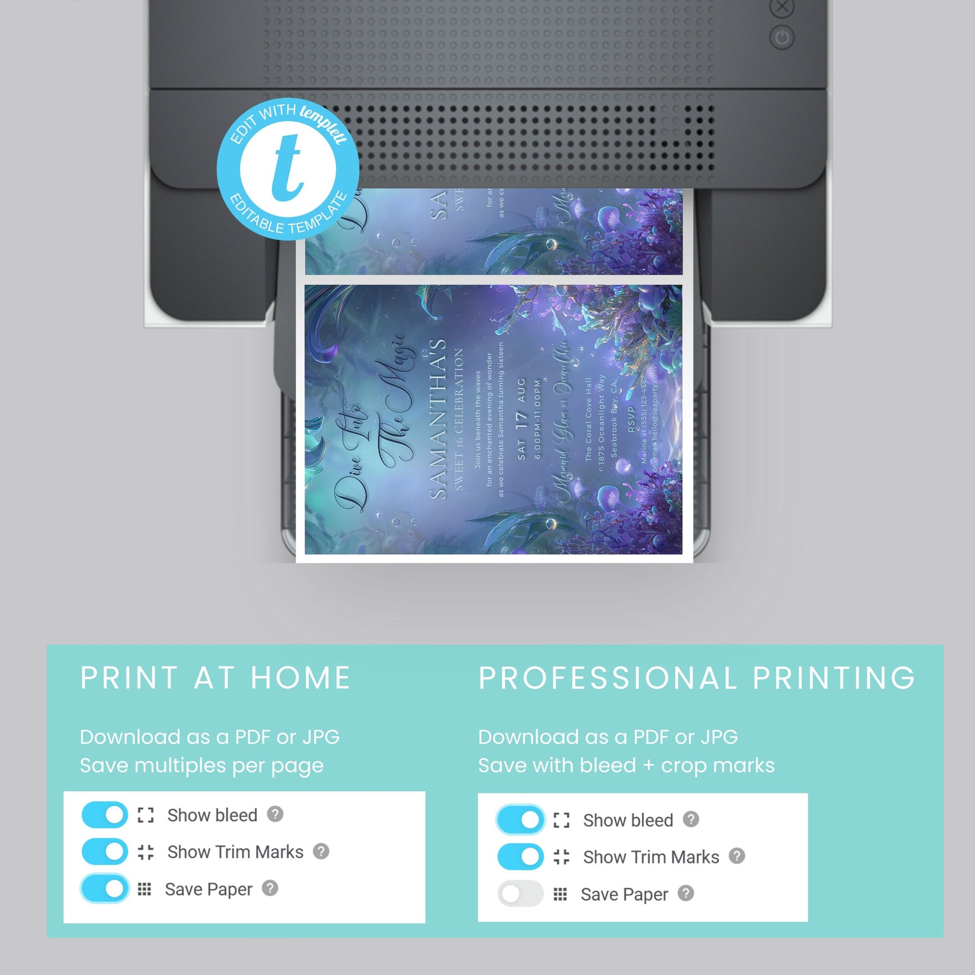 Mermaid Sweet 16 Invitation Template: Under the Sea Birthday (5x7, Digital Download)