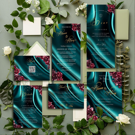Burgundy & Teal Wedding Invitation Suite | Editable Floral Template Bundle | Printable Wedding Stationery Set
