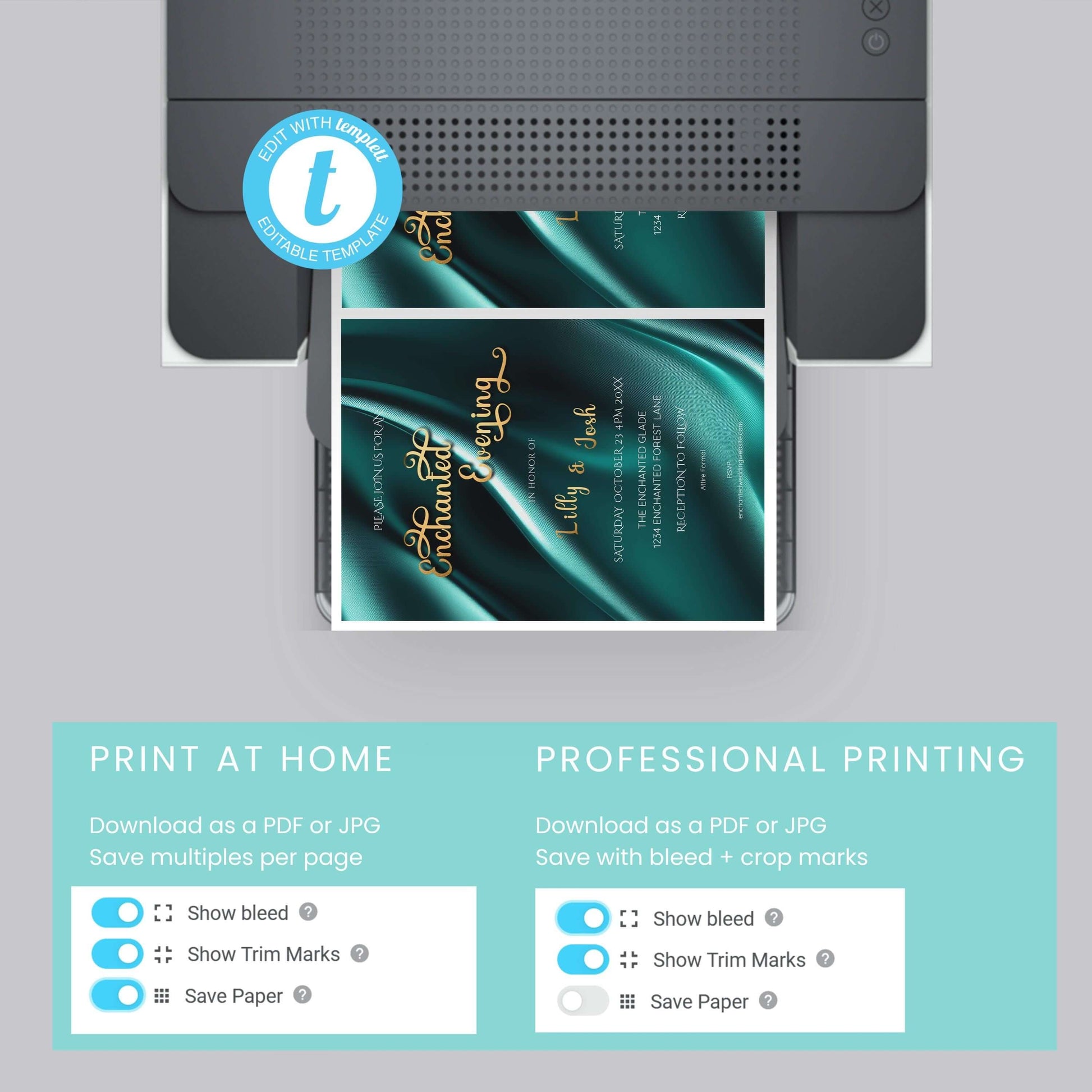 Teal & Gold Wedding Invitation | Elegant Enchanted Evening Template | Editable 5x7 Digital Download