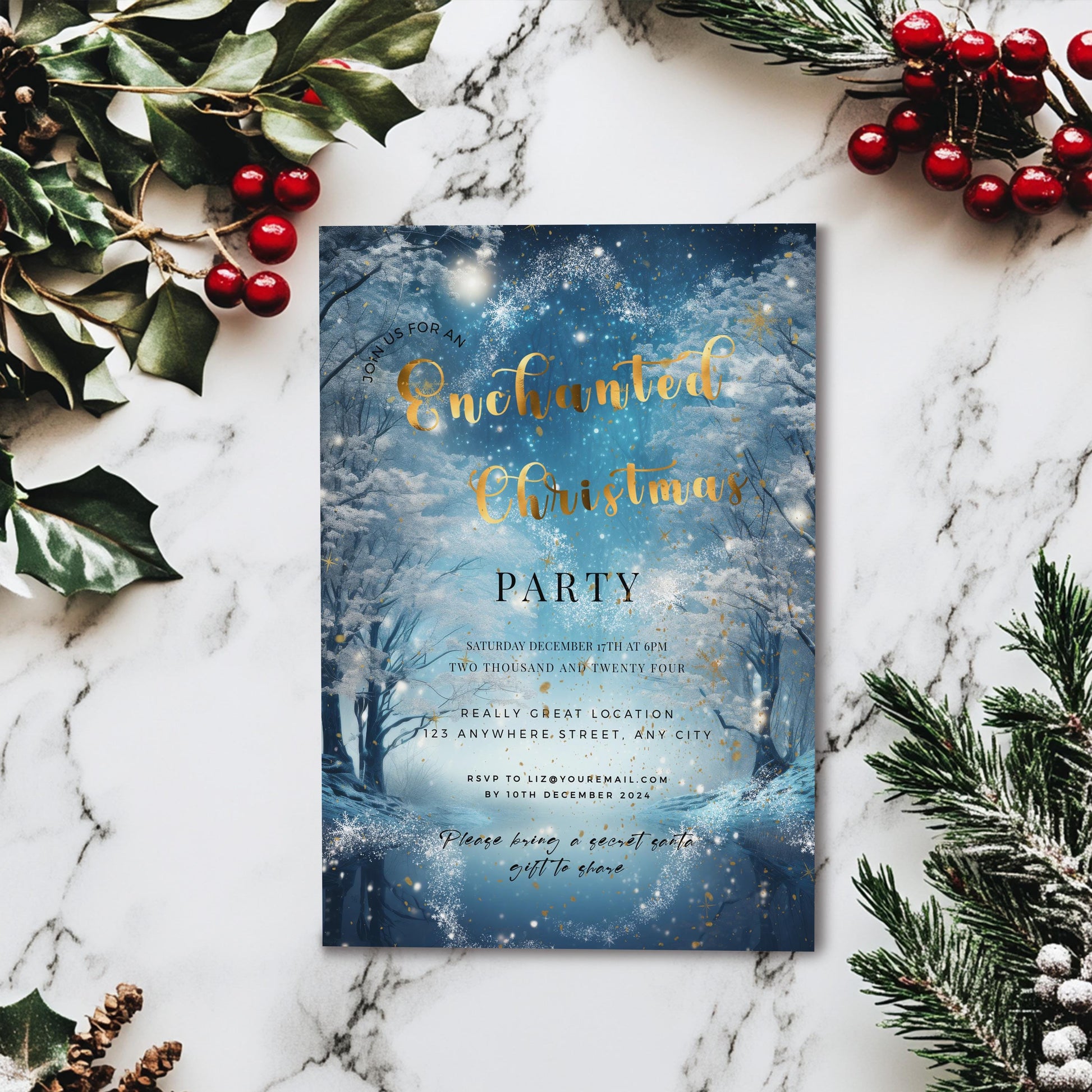 Enchanted Forest Christmas Party Invitation – Elegant Holiday Editable Template