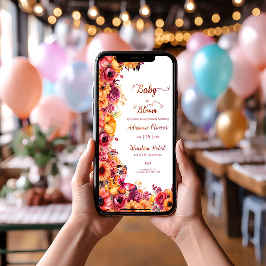 Floral Baby Shower Mobile Invitation: Hot Pink & Orange (Digital Download)