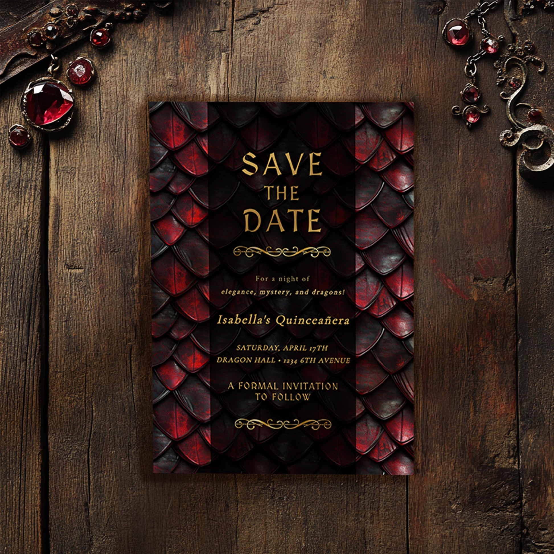 Editable Dragon Quinceañera Save the Date | Red, Black & Gold Fantasy Template (5x7")
