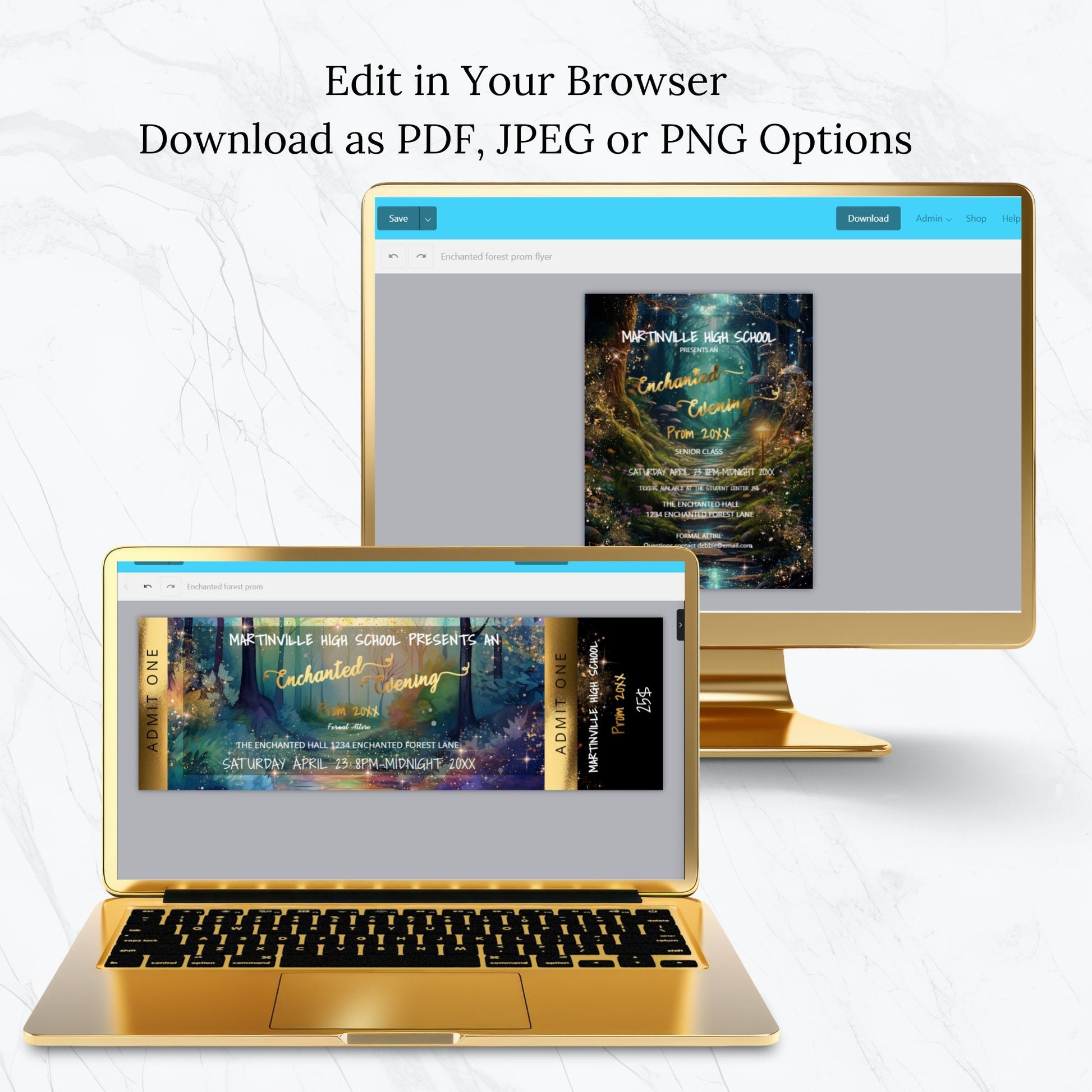 Enchanted Forest Prom Bundle | Invitation, Flyer & Ticket Editable Templates