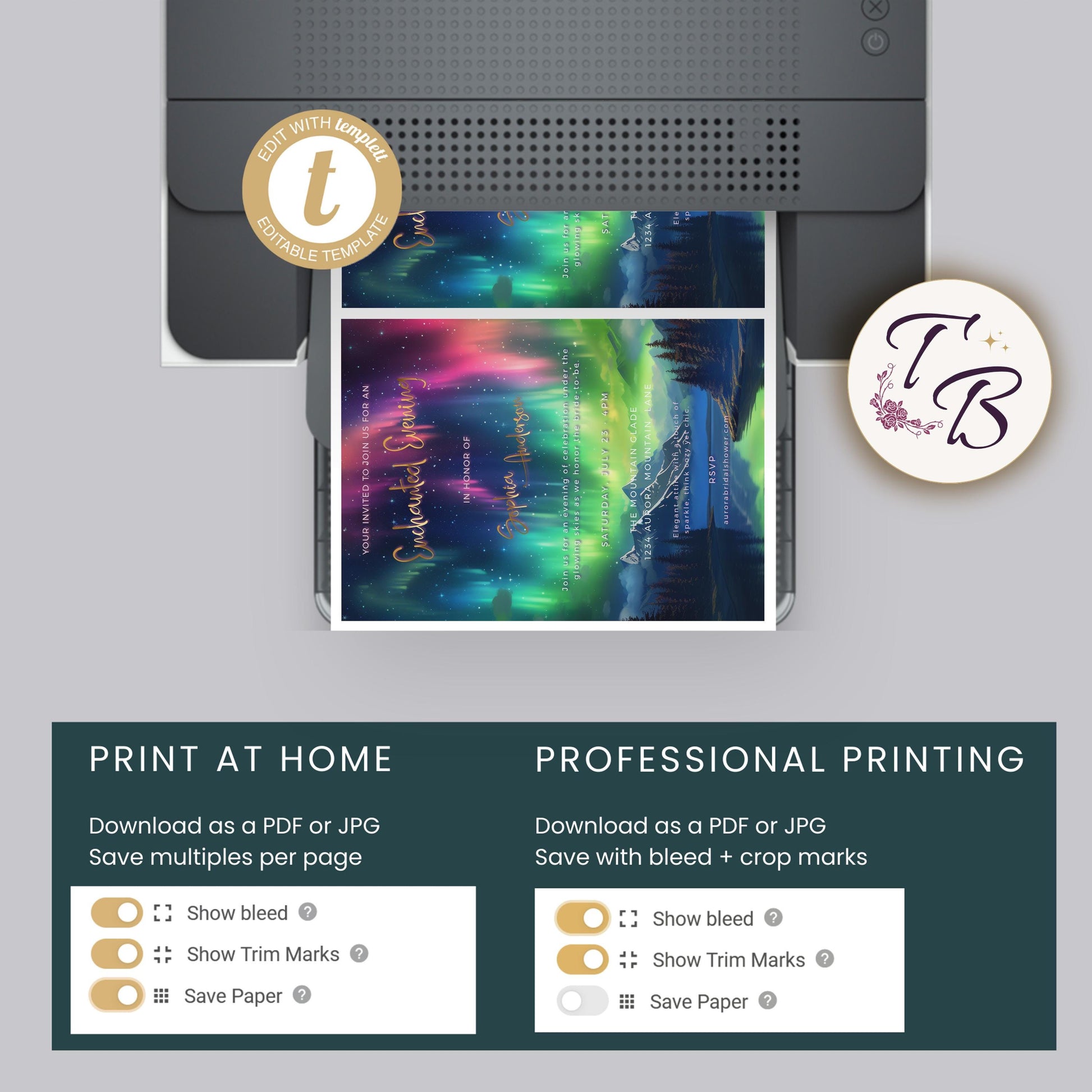 Aurora Borealis Invitation - Editable 5x7 Bridal Shower Template | Northern Lights Invite