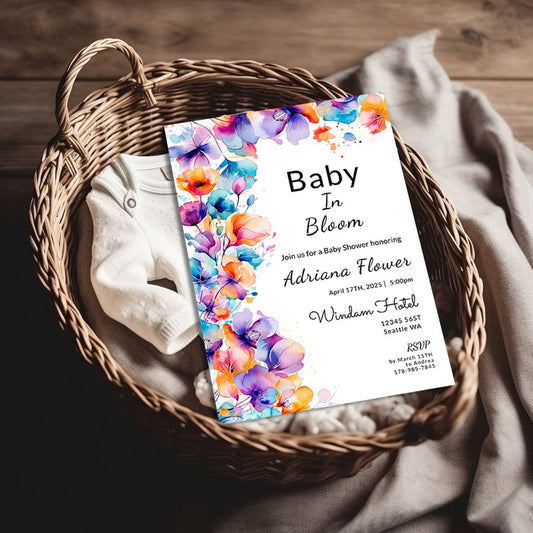 Baby In Bloom Baby Shower Invitation Template | Editable 5x7 Spring Floral Digital Download | Wildflower Theme
