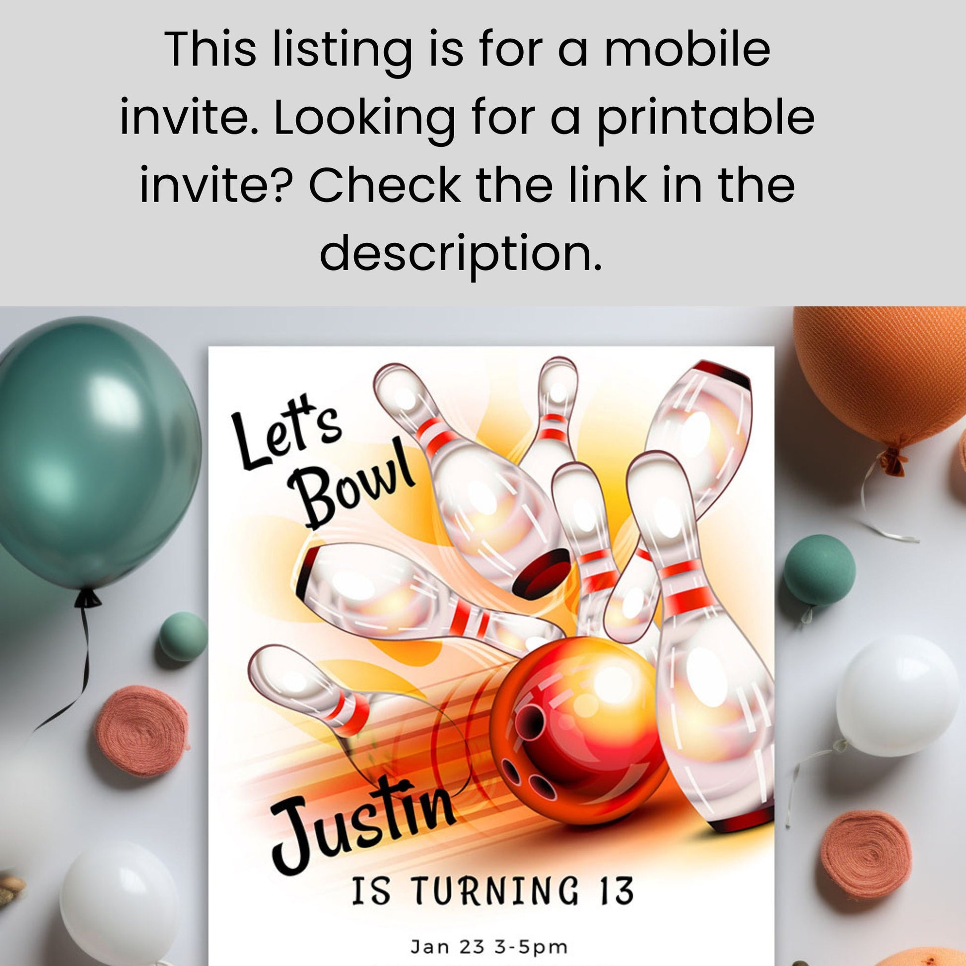 Mobile Bowling Birthday Invitation: Editable Smartphone Template (Bonus Thank You)