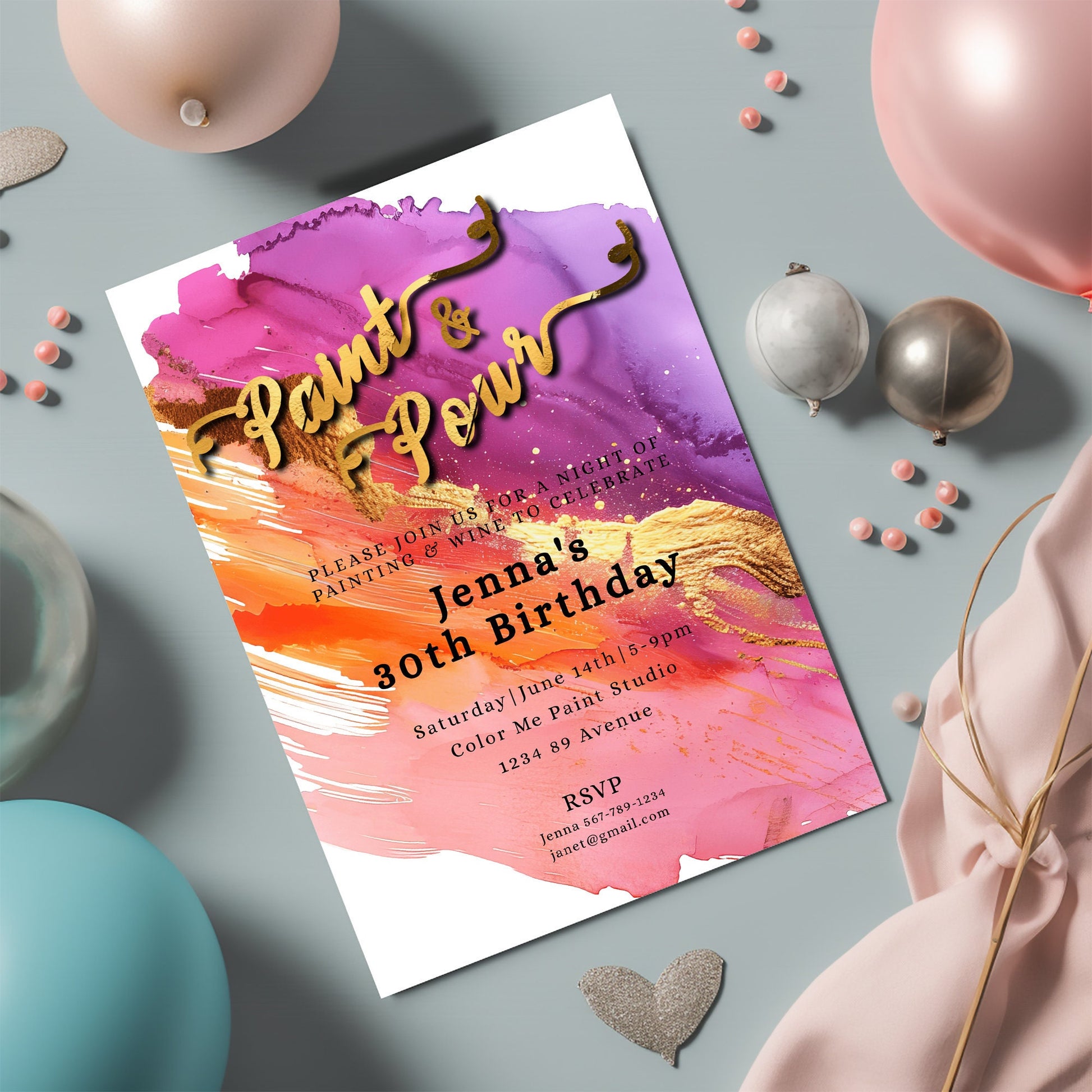 Paint & Pour Birthday Invitation | Editable Art Party Template | Gold Foil 5x7 Digital Download