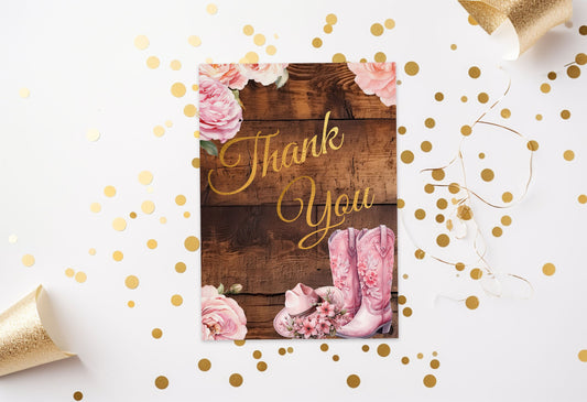 Pink Cowgirl Thank You Card: Rustic Western Bridal Shower (Template Editable)