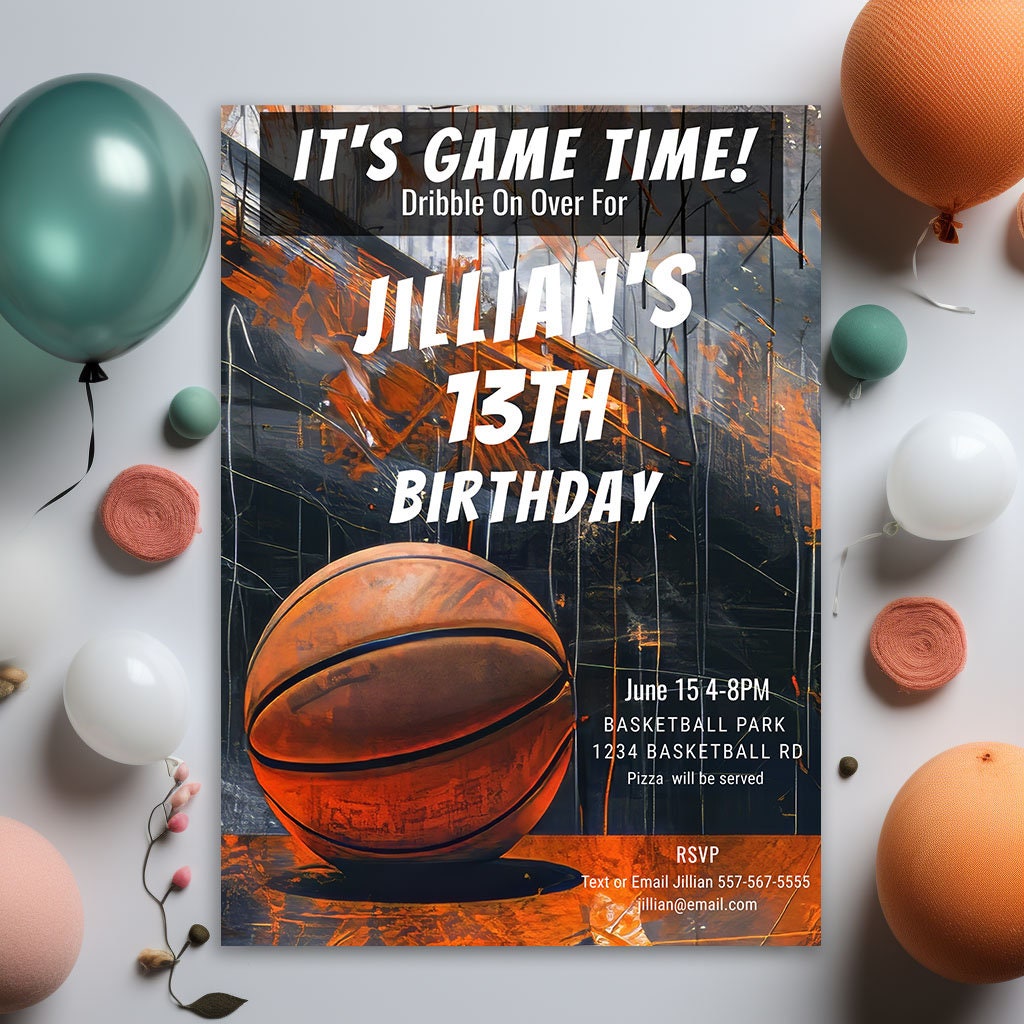 Basketball Birthday Invitation: Rustic Grunge, Editable 5x7 (Printable Template)