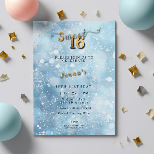 Sweet 16 Invitation Light Blue-Blue Silver Glitter-Editable template-Evite-Printable-Blue Sparkle-watercolor