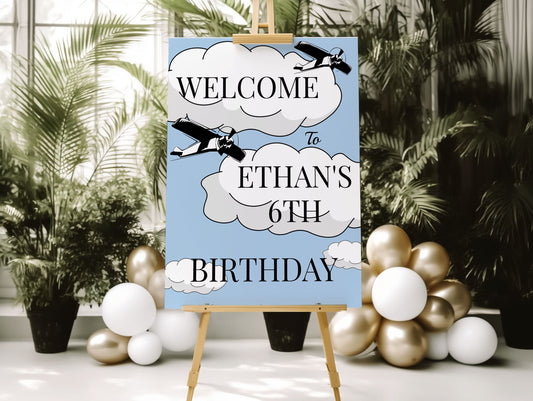 Vintage Airplane Welcome Sign | Editable Party Decor - Blue & Black Birthday Poster