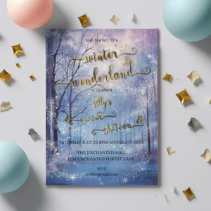 Winter Wonderland Sweet 16 Invitation | Editable Party Template
